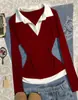 Chegada Nova de Outono Bloco de Cores Gola Lapela Gola Polo Falsa Peça Única Manga Longa Moda Decote V Slim Fit Camisa Base Camiseta Feminino Atacado