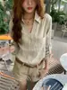 Camisa Vintage de Lino Estilo Francés para Mujer, Verano Fina de Corte Holgado, Elegante Top de Algodón y Lino Estilo Old Money con Protección Solar