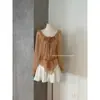 Conjunto de dos piezas Ruoxin de principios de otoño, nuevo, estilo francés, elaborado, con volantes, cuello cuadrado, de atar, manga larga, con sujetador y camisola incorporados