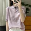 24 nuevas camisetas de manga corta de punto estilo chino para mujer, estilo retro con botones y encaje de lana peinada