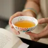 Taza Blanca de Cerámica Pintada a Mano Estilo Chino de Peonías Taza Maestra para Té Kung Fu Taza de Té de Boca Ancha para el Hogar Taza de Degustación