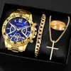 Conjunto de 4 Peças de Relógio Masculino Transfronteiriço com Mostrador Grande Elegante, Anel, Pulseira e Conjunto de Colar