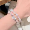 Pulseira de Quartzo Rosa Natural com Diamante Cintilante, Coração de Cupido e Trevo de Quatro Folhas em Madrepérola para Mulheres, Versátil, de Alta Qualidade para Uso Diário