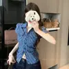 Camisa Retro a Cuadros de Manga Corta para Mujer Verano Ajustada Cintura Ceñida Dulce Top