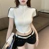 Top corto deportivo retro a rayas con cremallera al por mayor transfronterizo para mujer, camiseta de verano dulce y picante de deseo puro