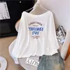 7300 # Hombro Descubierto Talla Grande Estampado de Caricaturas con Letras Hombro Caído Protección Solar Verano y Otoño Nuevo Top Básico Holgado para Mujer
