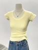 Amarelo Brilhante Decote U Ombro Manga Curta Feminina Verão Ajustada Emagrecedora Camiseta Coreana Commuter Básica Interna