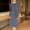 24 Novo Outono e Inverno 100 Lã Suéter Vestido Feminino Gola Cano Cinto Saia Longa Base Tricot Caxemira Saia Longa