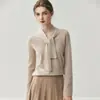 Suéter feminino de cashmere, blusa de tricô de corte solto, design emagrecedor, estilo francês, único, com fitas esvoaçantes, macio e confortável