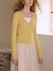 Suéter de punto Eatm con bloques de color, estilo dos piezas, cuello en V, manga larga para mujer, camisa base ajustada para principios de otoño