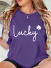 Camiseta Estampada Branca Trevo de Quatro Folhas da Sorte Feminina Básica Solta Gola O Manga Curta Confortável Roupas de Verão
