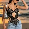 Nuevo Body Transparente Sexy de Encaje con Escote en V y Diseño de Atado Hueco para Comercio Exterior