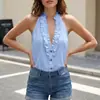 Camiseta sin mangas de verano Amazon transfronteriza europea y americana para mujer, cuello en V abotonada, top sin mangas con volantes, cuello halter, casual y a la moda
