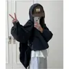 Jaqueta curta feminina de alta costura coreana Dongdaemun para o início do outono, casual, xadrez, com capuz e zíper