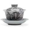 Gaiwan de tres tesoros vidriado estilo antiguo "Paisaje de tinta", cuenco de té cerámico anti-quemaduras estilo chino para el hogar, juego de té kung fu de alta gama, cuenco para preparar té