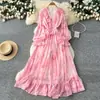 Vestido Largo Estampado de Manga Farol con Cuello en V Estilo Romántico para Mujer, Verano Malla Ceñido a la Cintura Adelgazante Volante