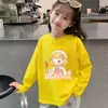 Camiseta de Manga Longa 100% Algodão para Primavera e Outono, Roupa Infantil Solta e Versátil, Camisa para Camadas de Outono e Inverno, Blusa Estampada com Gola Redonda para Meninas