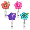 Porta-crachá de acrílico com glitter de flor de hibisco colorida, carretel retrátil para crachá, clipe de jacaré, fivela de puxar fácil, presente