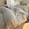 Juego de Cama de Encaje Francés de Terciopelo de Leche Clase A de Invierno Juego de Cuatro Piezas Funda Nórdica Gruesa de Coral Fleece Franela Sábana Juego de Tres Piezas