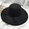 Chapéu de Pescador Preto para Mulheres Outono e Inverno Coreano All-match Gravata Borboleta Top Hat Chapéu de Lã de Lã de Aba Grande para Mulheres Vintage