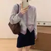 Cárdigan de Punto Coreano de Estilo Nuevo para Primavera y Otoño, Color Bloque, Hilo Floral, Cuello Redondo, para Mujer, Suéter Abrigo Holgado y Suave