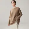 Suéter de cachemira para mujer con dobladillo enrollado, cuello redondo, hombros caídos, un tejido de punto de longitud media que estiliza y favorece