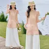 Conjunto de Dos Piezas de Lino con Pantalones Anchos y Top Bordado con Botones Estilo Chino Nuevo en Stock con Bordado Pesado, Se Puede Vender por Separado