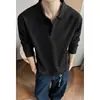 Camisa polo de manga comprida estilo "old money" americano para homens, primavera e outono, elegante e casual, com gola de lapela, top interno de corte solto para homens