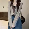 Cardigan de Tricô com Decote V Cor de Café para Mulheres, Curto para Primavera/Outono, Cintura Alta, Mangas Longas, Peça para Outono Inicial, Suéter, Casaco, Top para Baixinhas