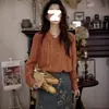 Camisa Retro Francesa Cor Abóbora para Mulheres no Início da Primavera, Nova Camisa de Botões Duplos com Elegante Top Interno de Manga Longa