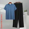 Conjunto Masculino Casual para Relaxar Verão Modal Solto Tamanho Grande Gola Redonda Manga Curta Seda de Algodão Calça Wide-Leg Conjunto de Duas Peças