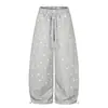 Calça de moletom com estampa total de estrela e foice em estilo retrô americano para homens e mulheres, solta e versátil, com design de perna larga e caimento fluido, adequada para o outono, casual e de comprimento total