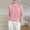 [Hengjia Hs] Camiseta de Punto Suave y Elástica de Cuello Redondo con Mangas Cortas para Mujer 2025 Otoño Nueva Prenda Transpirable 100% Lana