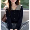 Novo Cardigan Elegante de Tricô Outono/Inverno 2026 Estilo College Coreano Gola Azul Marinho Listrado Suéter de Botão Único para Mulheres
