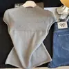 Top de punto Shanlida Di Estilo Suave Cuello Medio Alto Manga Corta Abullonada para Mujer Primavera Verano Nuevo Punto Calado Suave Patchwork Adelgazante Base