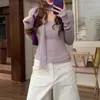 Suéter de Punto Morado Estilo Coreano con Cuello en U y Lazos para Mujer, Corte Ajustado, Favorecedor, Escote Amplio, Top de Moda para Otoño e Invierno