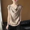 Camiseta de manga corta con cuello de volante estilo francés para mujer, verano 2026, fina, holgada, transpirable, satén sedoso, efecto de caída, adelgazante, estilo maduro y sencillo