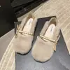 Pantuflas peludas estilo coreano para mujer, adornadas con perlas, zapatos de algodón para otoño/invierno, diseño de meter, forro polar, antideslizantes, con un lazo y un aspecto cálido y moderno