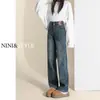 Jeans Vintage de Pierna Ancha Estrecha con Forro de Polar para Mujer Otoño e Invierno 2024 Nuevos Pantalones Rectos Sueltos de Cintura Alta