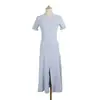 Vestido Longo Manga Curta Gola Redonda Marca S 2026 Verão e Outono Elegante Francês Babado Fenda Vestido de Tricô Atacado