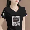 Artículo de marca con excedente de comercio exterior transfronterizo con etiquetas retiradas, camiseta de mujer con cuello en V, manga corta, corte holgado, hombro normal, top de manga corta