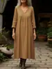 2026 Novo Vestido de Linho Cor Sólida Solto Decote V Temperamento Artístico Cintura Média Manga Longa Saia Longa