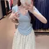 Camiseta Plisada con Cuello en U para Mujer, Nuevo Estilo Verano 2025, Color Caramelo, Corte Ajustado, Manga Corta, Top Elástico de Capa Base