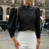 Camisa feminina slim fit estilo retrô francês com manga sino, gola alta pequena, blusa elegante com babados de cintura alta