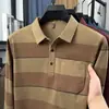 Camisa Polo Masculina de Manga Longa Listrada com Gola Reversível, Top Casual da Moda com Bolsos Reais, Camiseta Masculina
