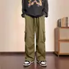 Calça Cargo Retro Japonesa de Cintura Alta com Múltiplos Bolsos para Homens e Mulheres Hip Hop Solta de Perna Larga Versátil de Perna Reta com Punho Casual Longa