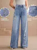 Jeans de pierna ancha bordados florales de cintura media europeos y americanos transfronterizos, jeans sueltos de lavado claro bordados florales