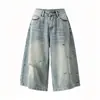 Calça jeans reta cropped vintage rasgada para mulheres, novo estilo de verão, plus size, corte solto para corpo tipo pera, calça pantalona afunilada que emagrece