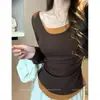 Top de manga larga para mujer talla grande, estilo nuevo Otoño 2025, bloques de color, único, falso dos piezas, adelgazante, ajustado a la cintura