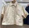 Camisa Jeans Feminina Casual Estilo Boxy Curta Lapela Meia Manga Produto Lavado Camisa de Manga Curta 483877